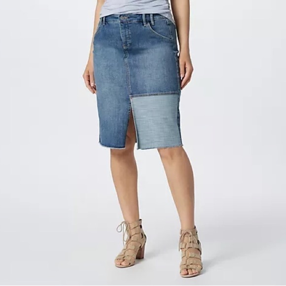 NYDJ Denim Midi Skirt Size 8 Front Patch- Clean Seline Knee Length Blue Stretch - Picture 6 of 8